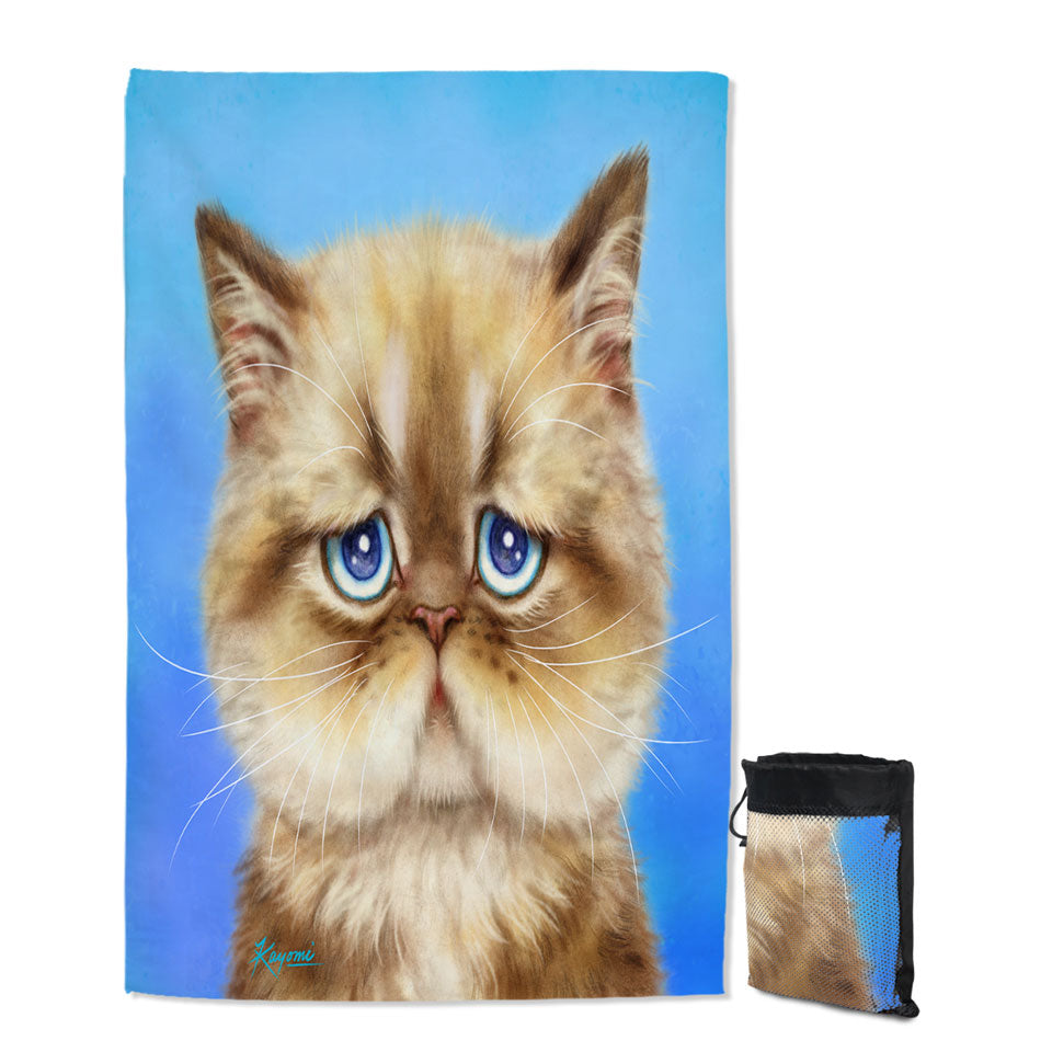 Kittens Cute Drawings Brown Sad Cat over Blue Lightweight Beach Towel