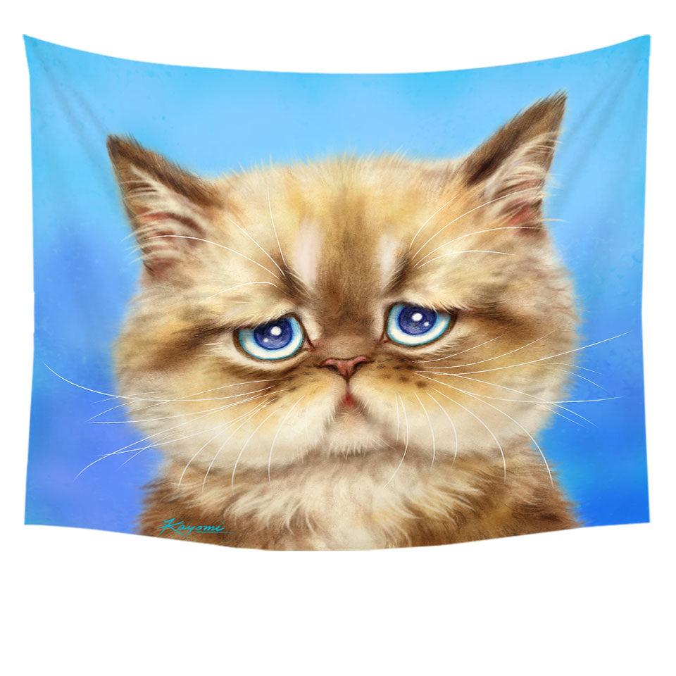 Kittens Cute Drawings Brown Sad Cat over Blue Wall Decor Tapestry Prints