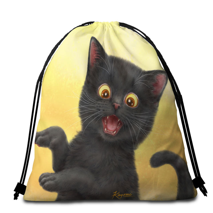 Kittens Packable Beach Towel for Children Happy Little Black Cat