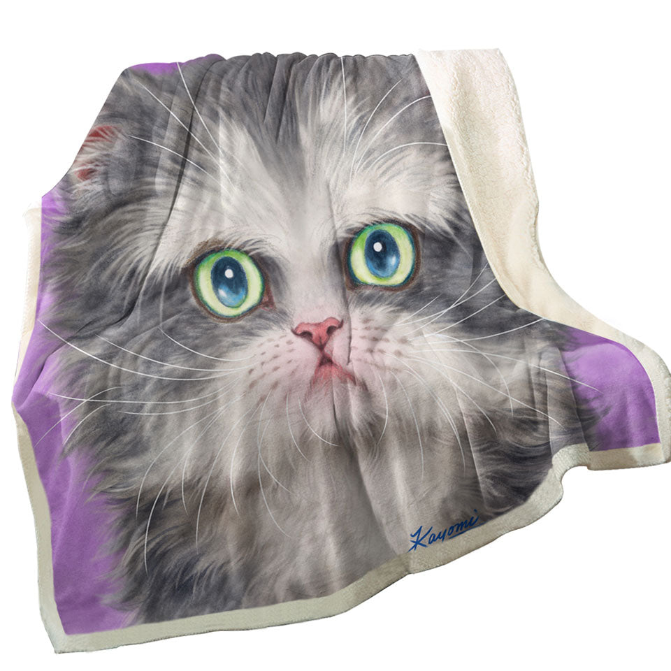 Kittens Sherpa Blanket Art Paintings Fluffy Grey and White Cat