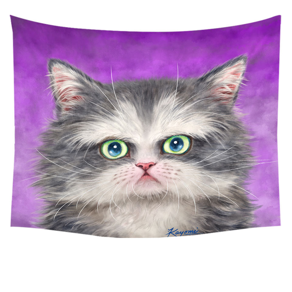Kittens Tapestry Art Paintings Fluffy Grey and White Cat