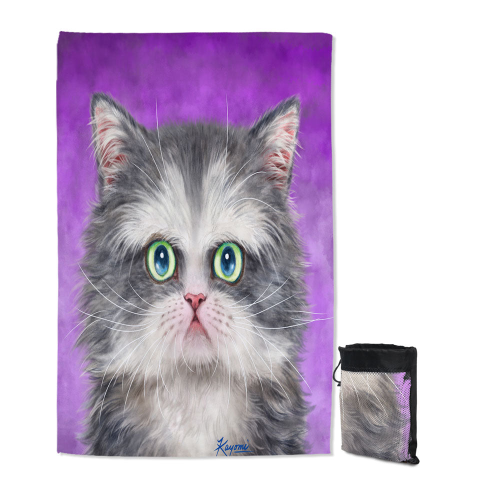 Kittens Unique Beach Towels Art Paintings Fluffy Grey and White Cat