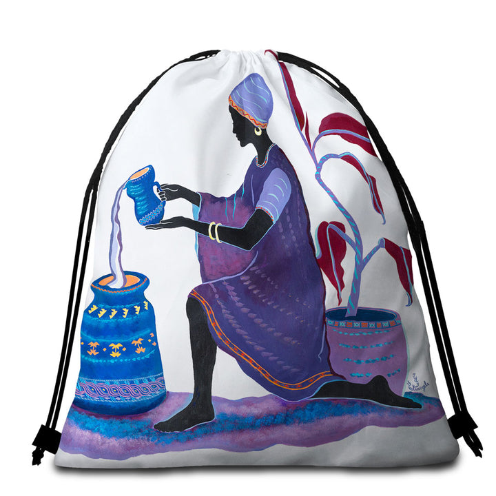 Kneeling in Purple Dress African Art Painting Woman Beach Towel Bags