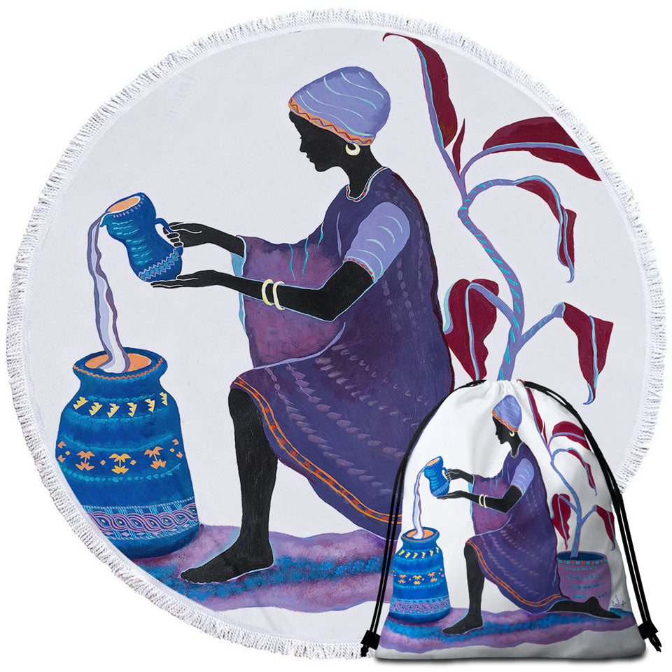 Kneeling in Purple Dress African Art Painting Woman Beach Towels