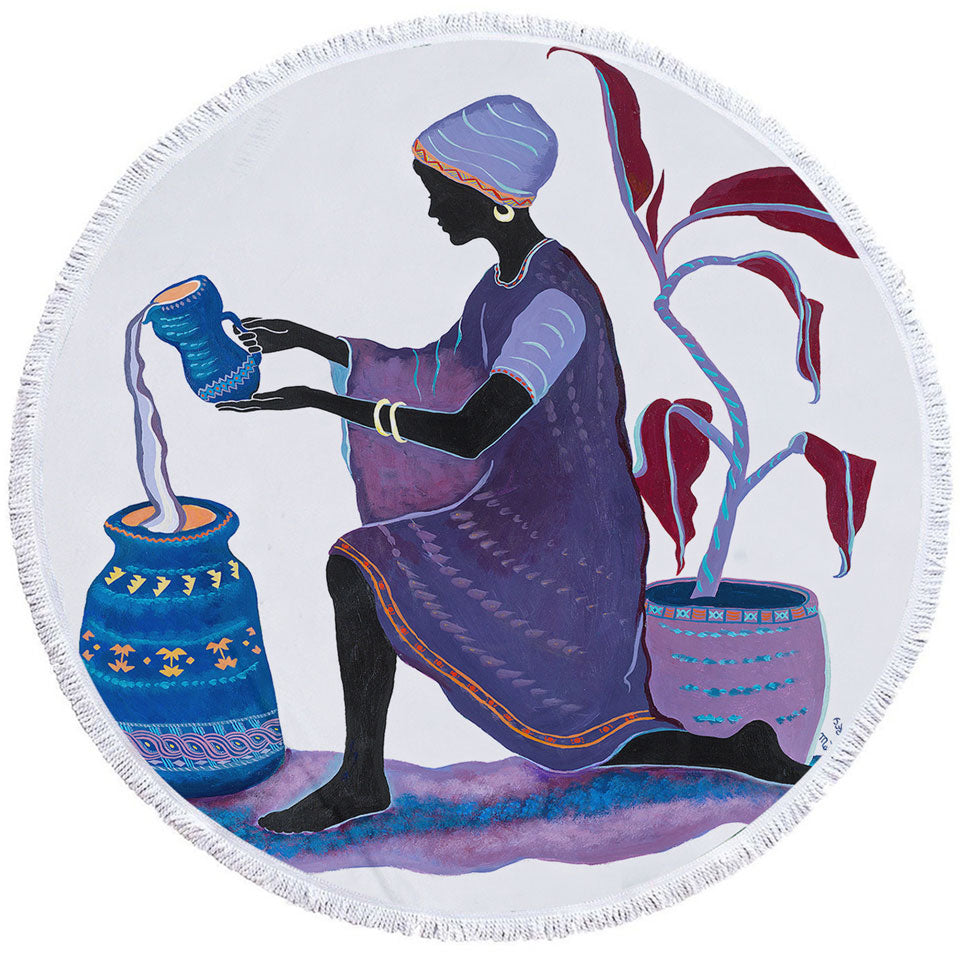 Kneeling in Purple Dress African Art Painting Woman Circle Beach Towel