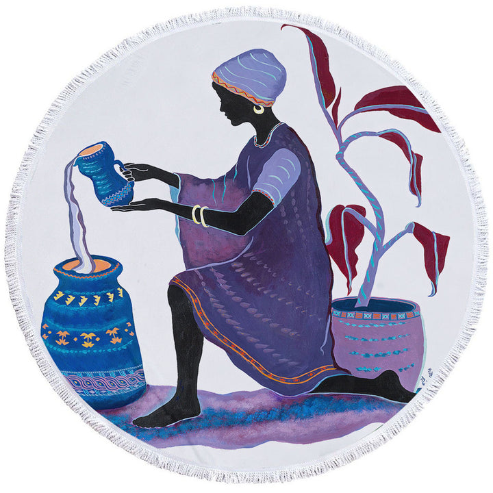 Kneeling in Purple Dress African Art Painting Woman Circle Beach Towel