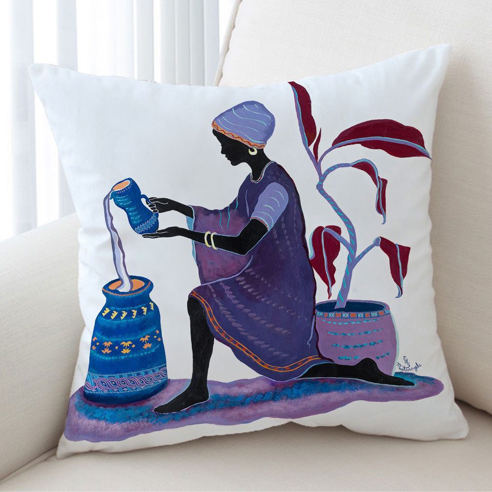 Kneeling in Purple Dress African Art Painting Woman Cushion Covers