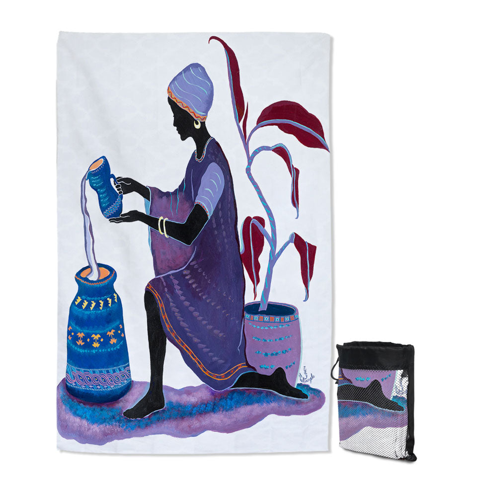 Kneeling in Purple Dress African Art Painting Woman Microfiber Towels For Travel