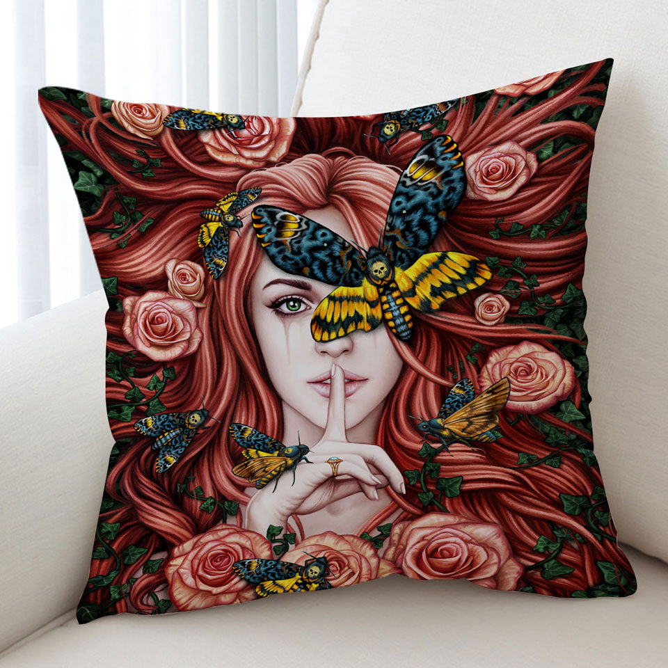 Lady Moth Roses and Death Moth on Beautiful Woman Cushion Cover