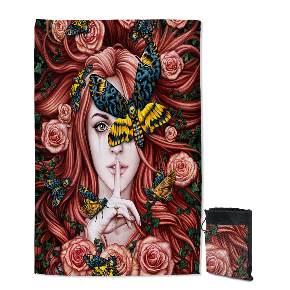 Lady Moth Roses and Death Moth on Beautiful Woman Lightweight Beach Towel