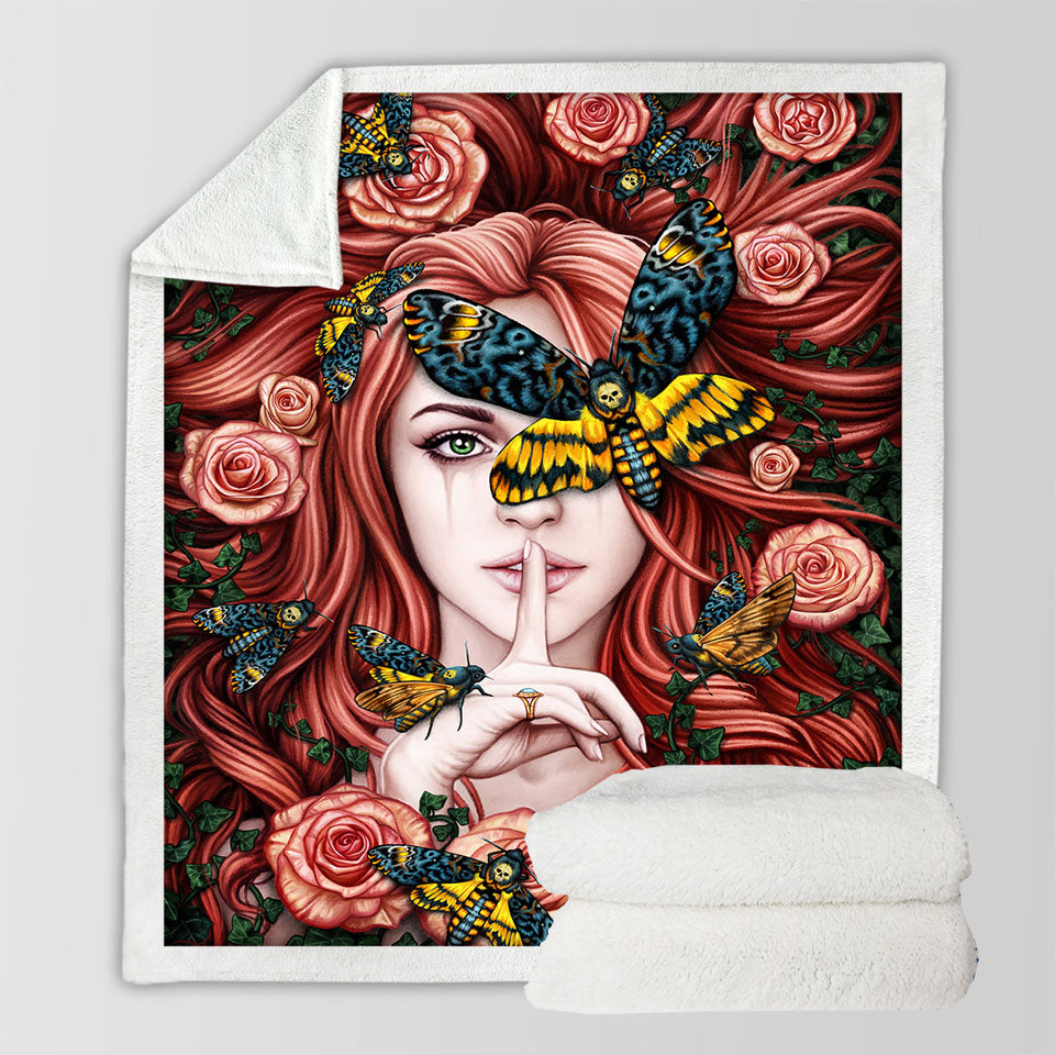 products/Lady-Moth-Roses-and-Death-Moth-on-Beautiful-Woman-Throw-Blanket