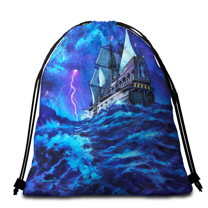 Last Voyage Stormy Ocean and Sailing Ship Beach Bags and Towels