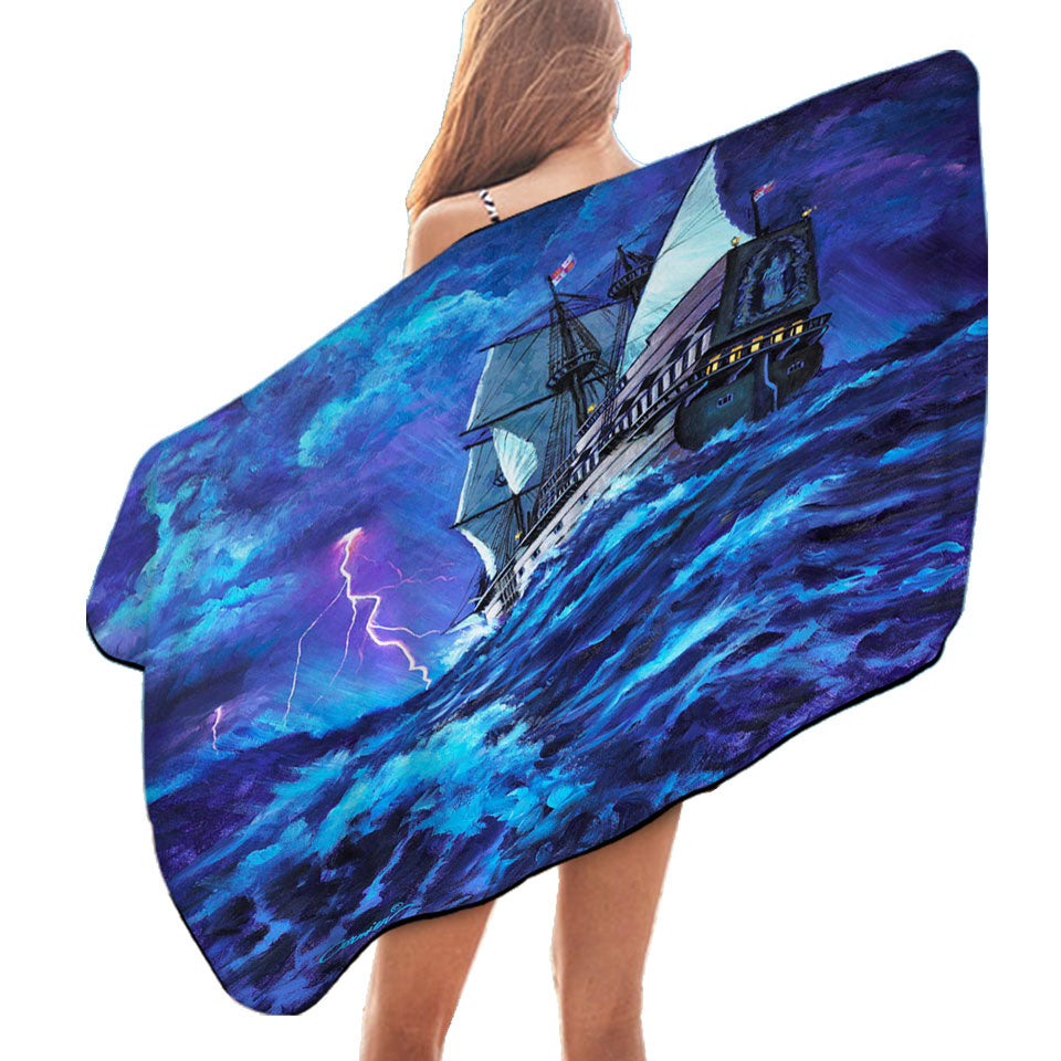 Last Voyage Stormy Ocean and Sailing Ship Beach Towels