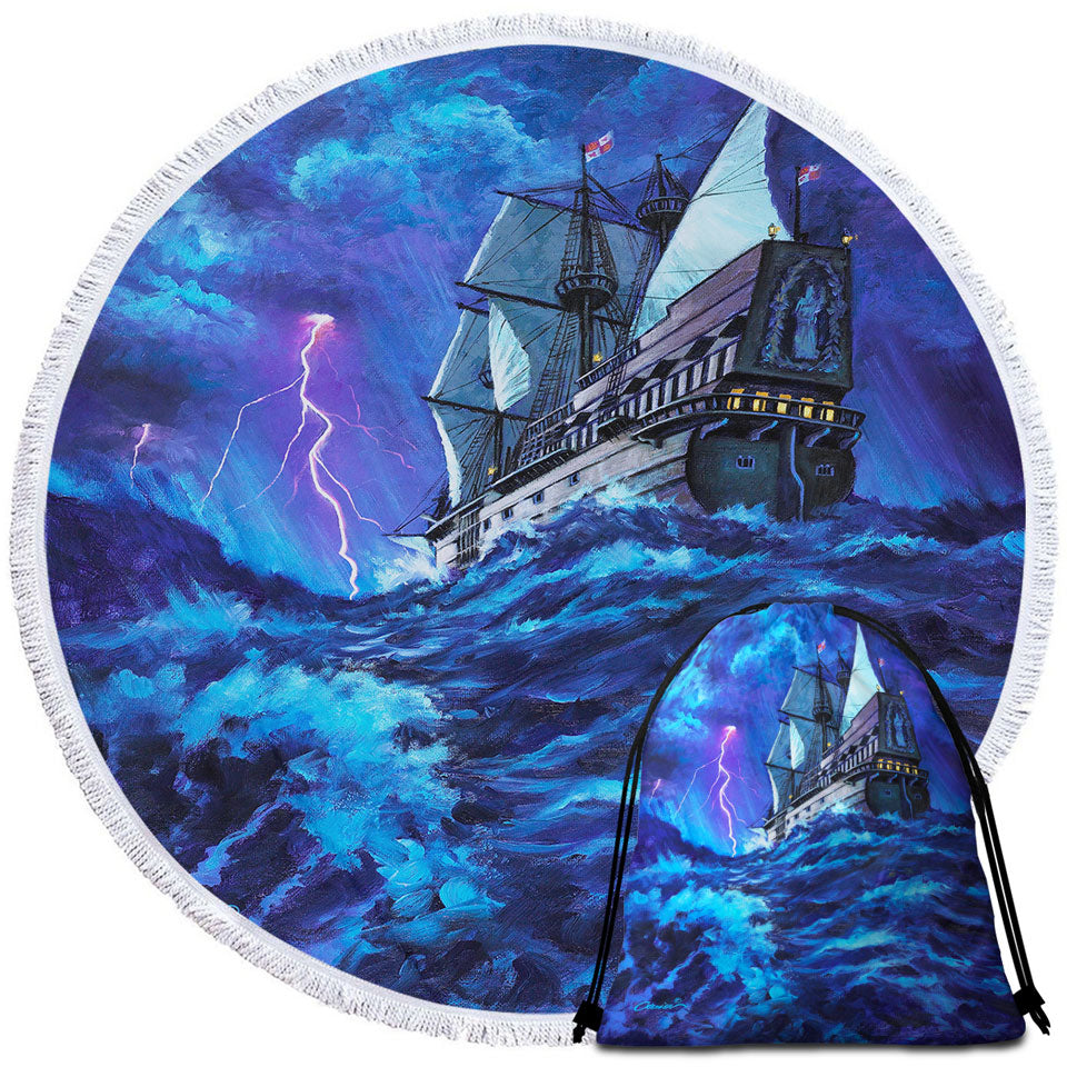 Last Voyage Stormy Ocean and Sailing Ship Round Beach Towel