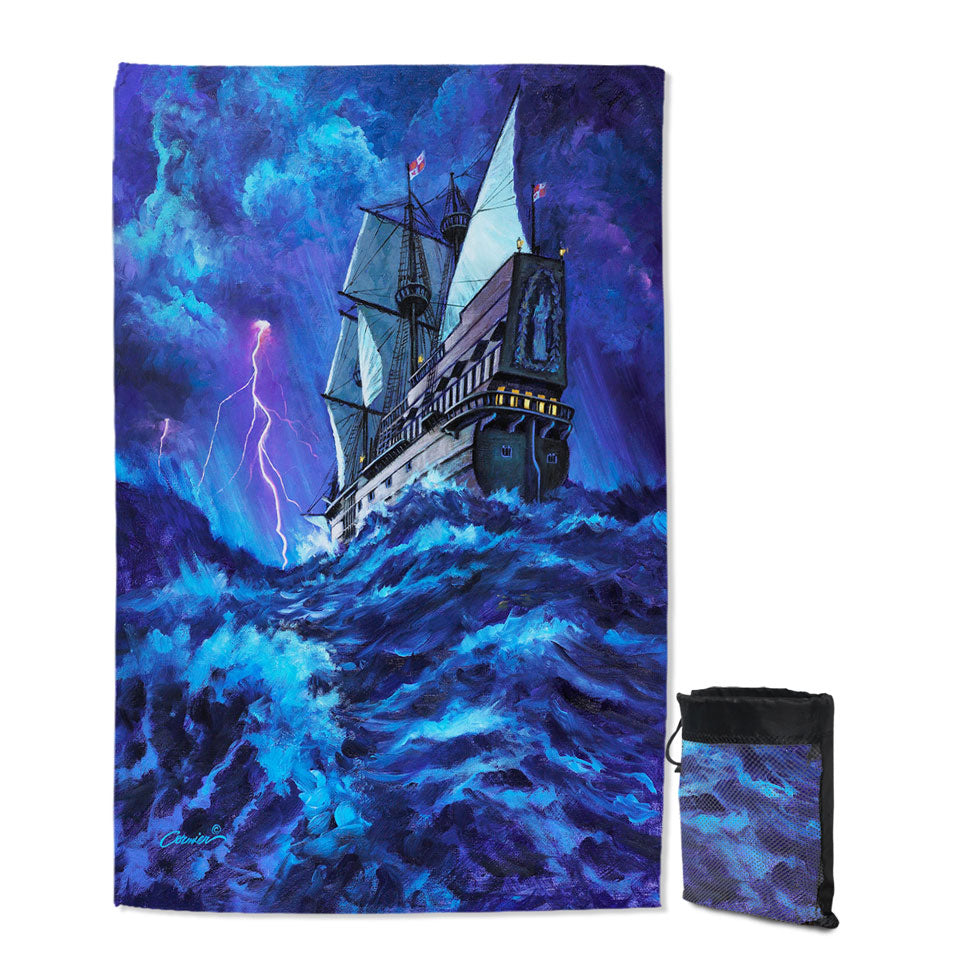 Last Voyage Stormy Ocean and Sailing Ship Travel Beach Towel