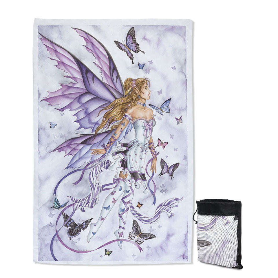 Lavender Thin Beach Towels Serenade Art the Purple Butterflies and Fairy