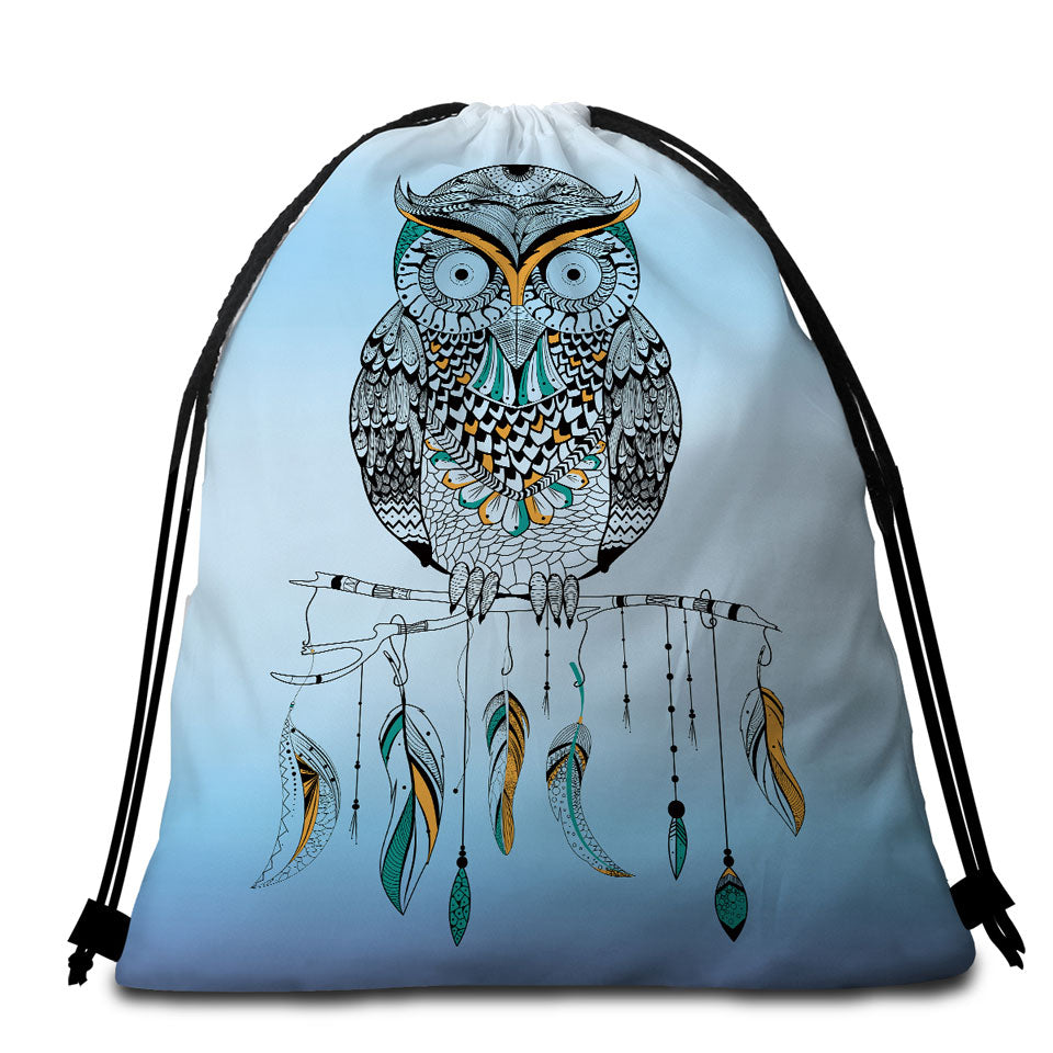 Light Blue Native Owl Packable Beach Towel