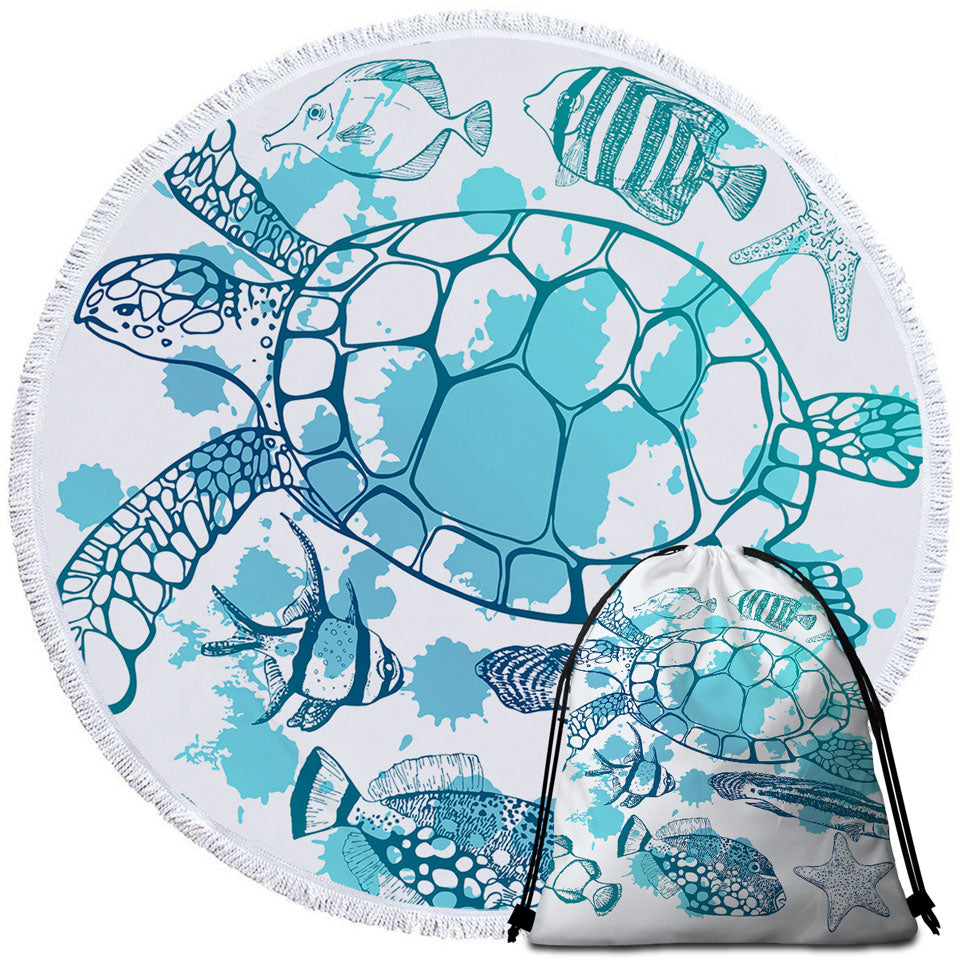 Light Blue Turtle and Fish Beach Towels
