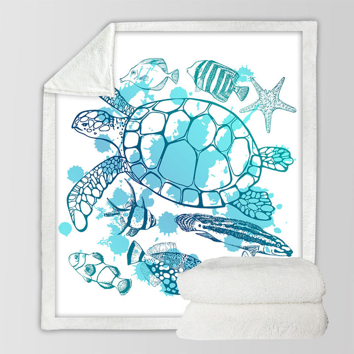 Light Blue Turtle and Fish Sherpa Blanket