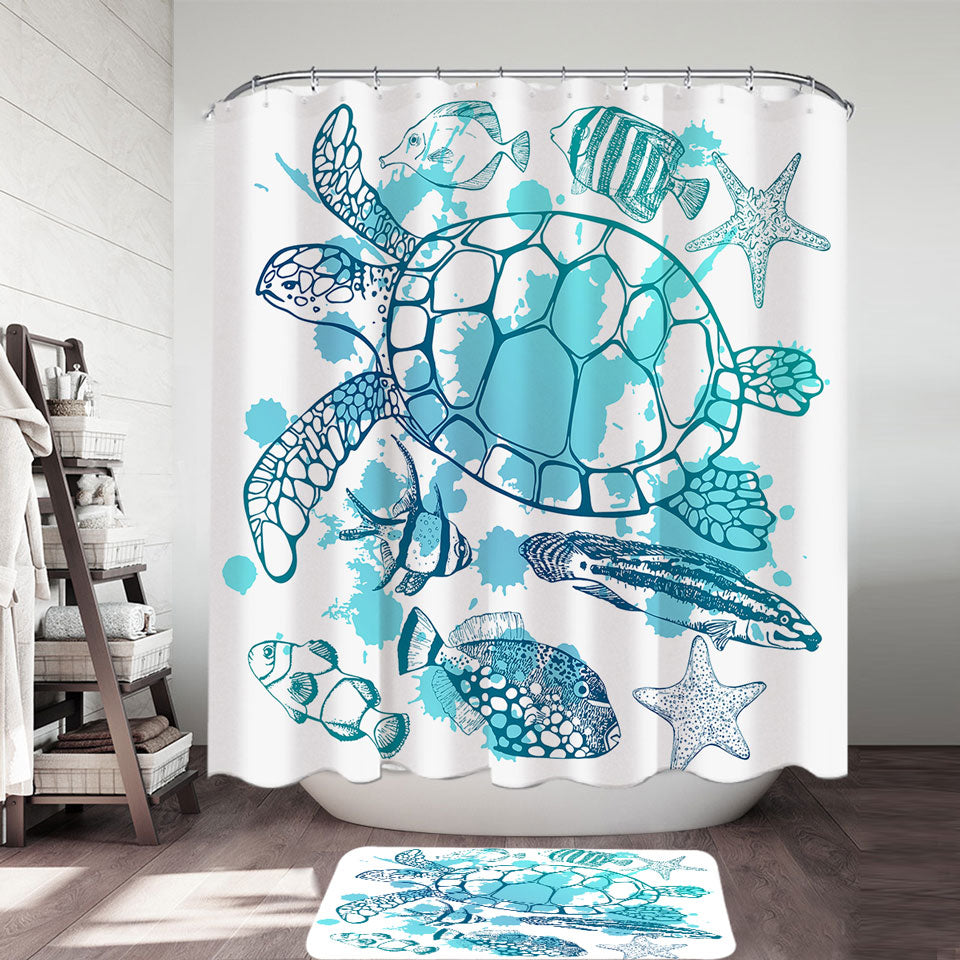 Light Blue Turtle and Fish Shower Curtains