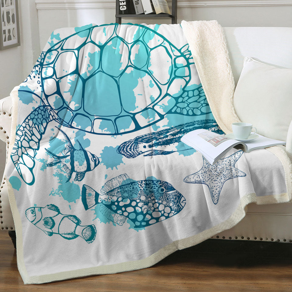 Light Blue Turtle and Fish Throw Blanket