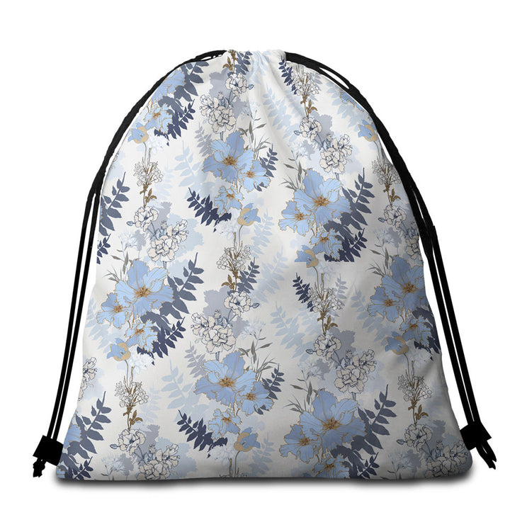 Light Blue and White Flowers Beach Towel Bags