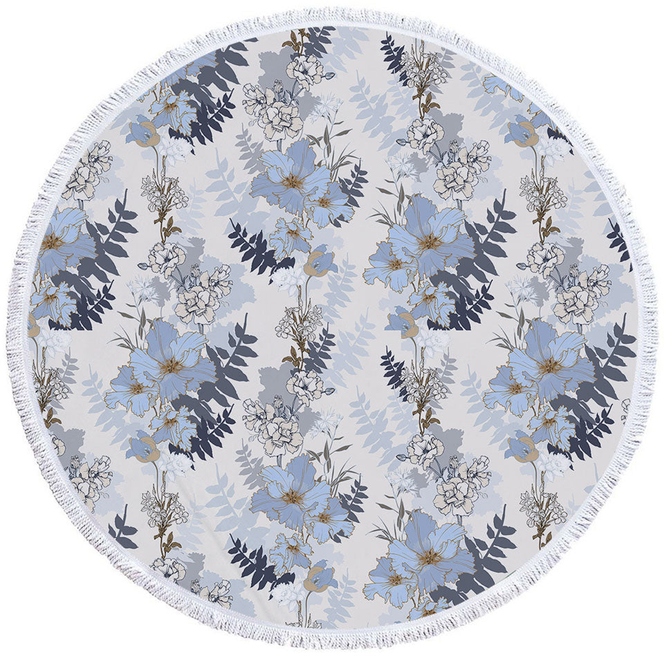 Light Blue and White Flowers Round Towel