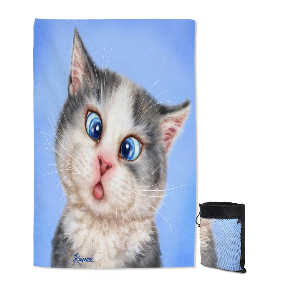 Lightweight Beach Towel Features Cats Funny Faces Drawings Blue Eyes Grey Kitten