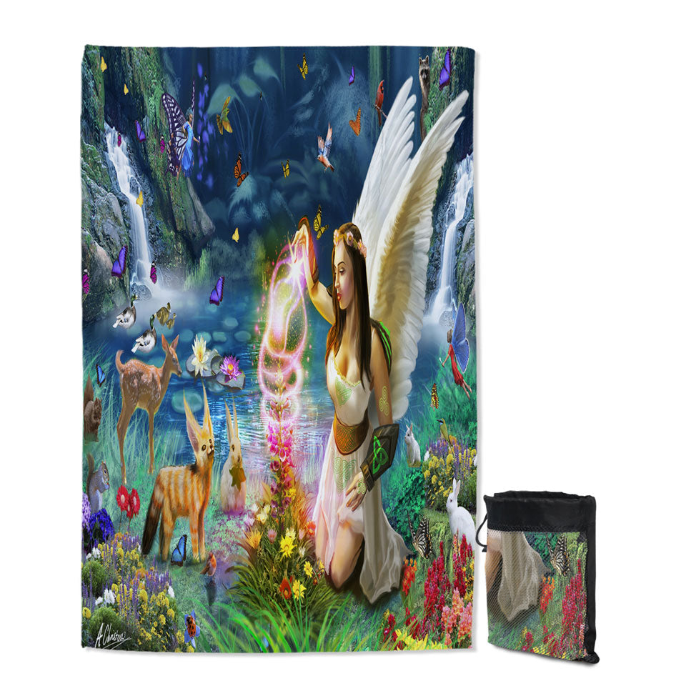 Lightweight Beach Towel for Kids Fairy Tale Forest with a Beautiful Fairy Goddess