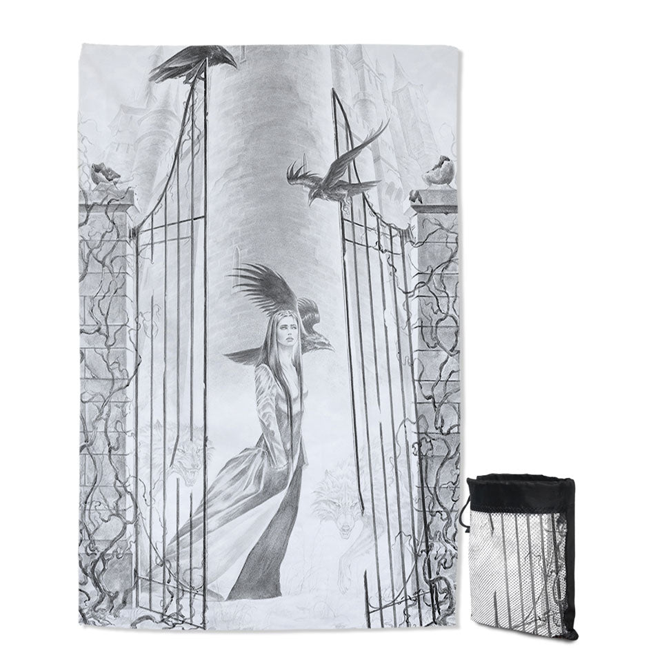 Lightweight Beach Towel of Black and White Art Drawing Beauty in Castle