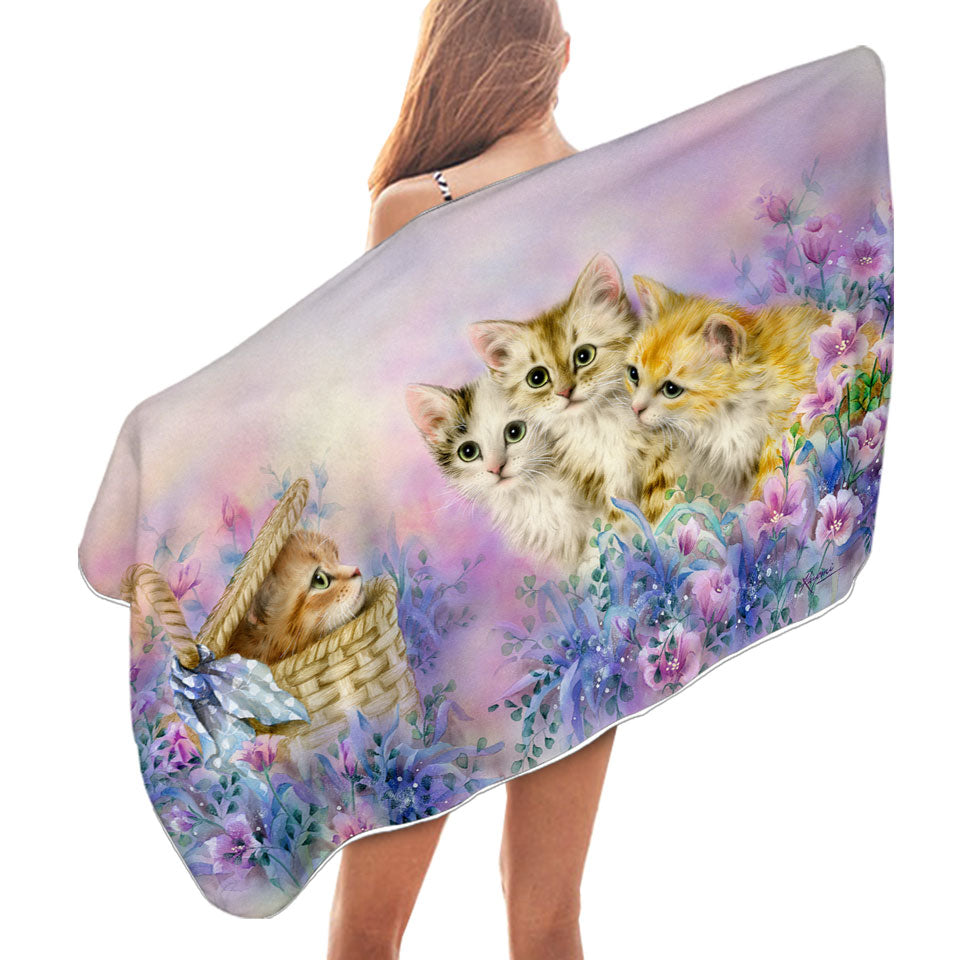 Lightweight Beach Towel with Cats Art Adorable Cute Kittens in Flower Garden