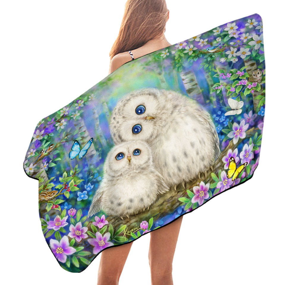 Lightweight Beach Towel with Nature Art Morning Breeze Flowers and Owls