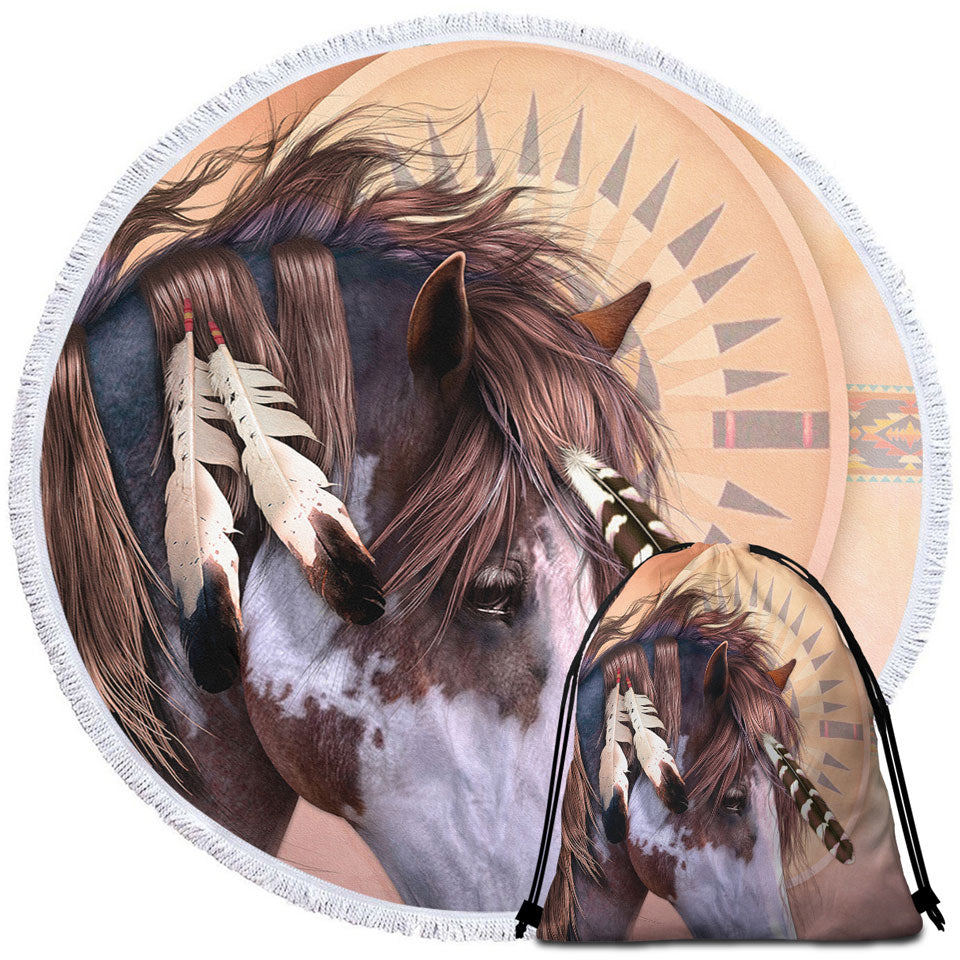 Lightweight Beach Towels with Native American Spirit Feathers Haired Horse