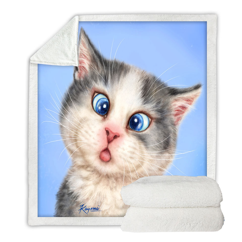 Lightweight Blankets Features Cats Funny Unique Throws with Faces Drawings Blue Eyes Grey Kitten