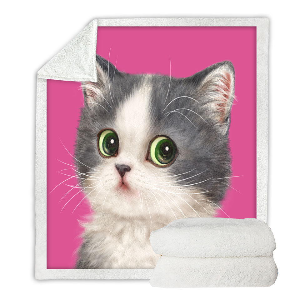 Lightweight Blankets with Cats Art Adorable Shy Kitten Over Pink
