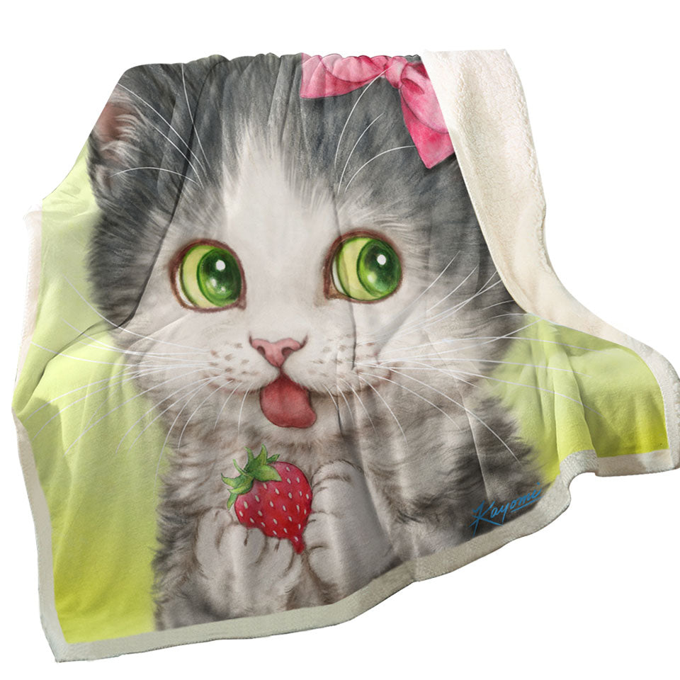 Lightweight Blankets with Cute Paintings Strawberry Love Girly Kitten