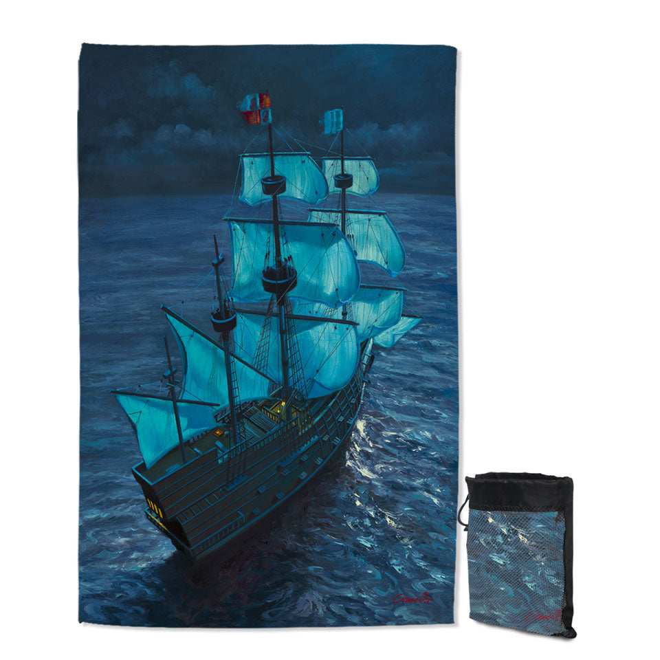 Lightweight Unique Beach Towels with Sailing Ship Moonlight Voyage