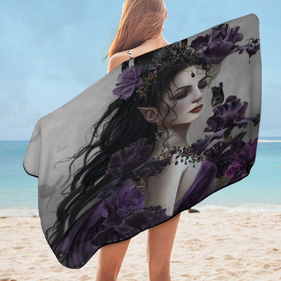Liriel Portrait Beautiful Purple Elf Woman Beach Towels