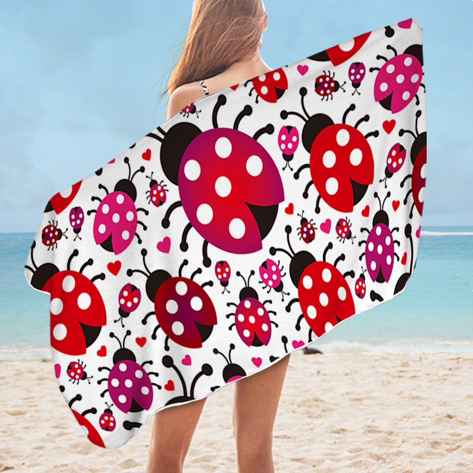 Little Hearts and Ladybugs Womens Beach Towel