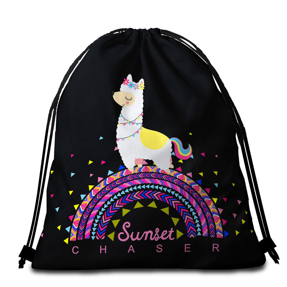 Llama Beach Bags and Towels Walking on Colorful Multi Pattern Rainbow