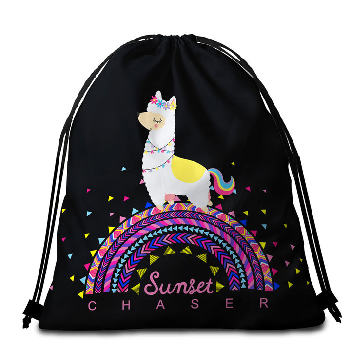 Llama Beach Bags and Towels Walking on Colorful Multi Pattern Rainbow