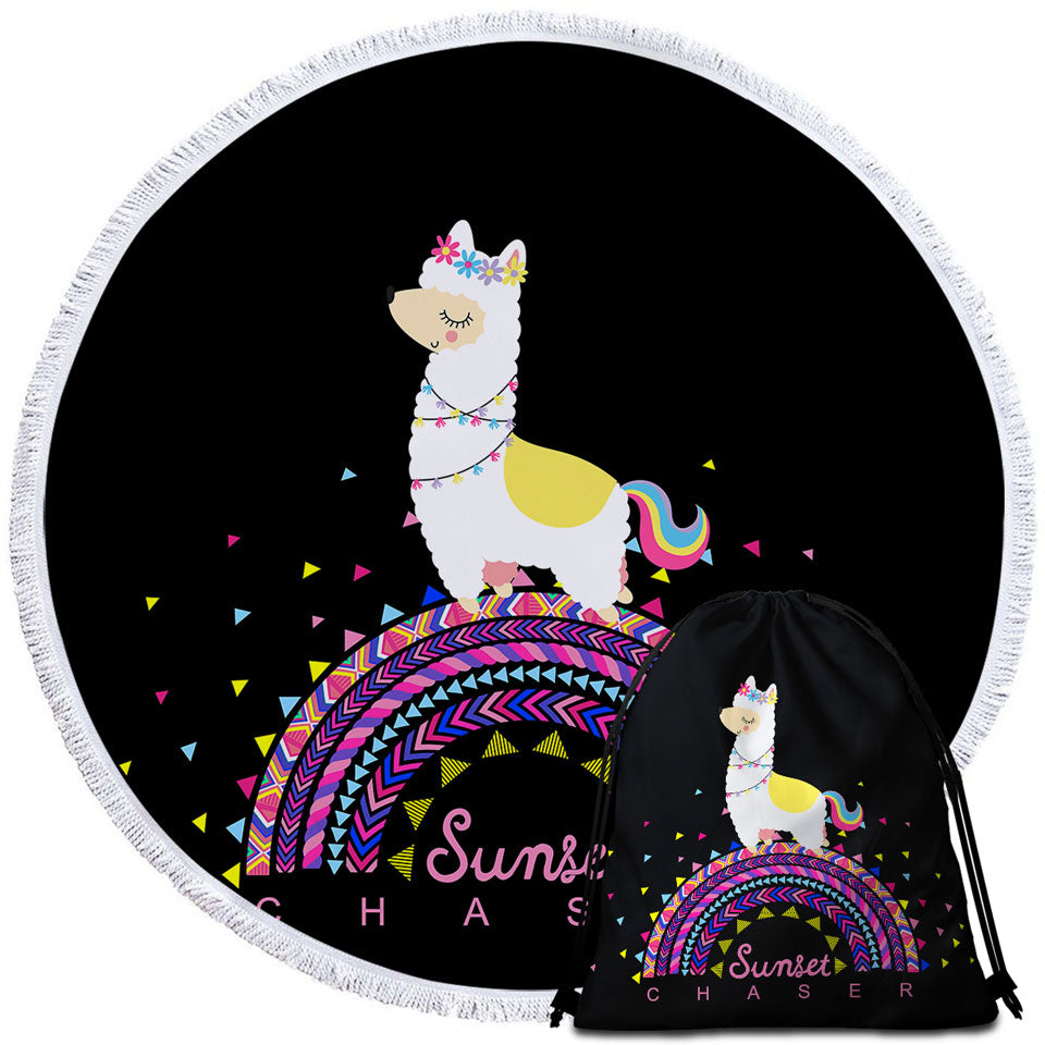 Llama Circle Beach Towel Walking on Colorful Multi Pattern Rainbow