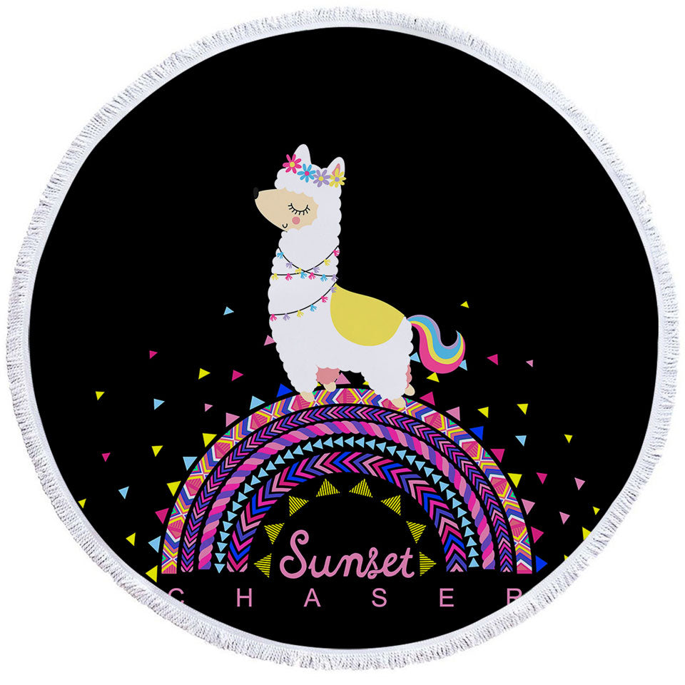 Llama Round Beach Towel Walking on Colorful Multi Pattern Rainbow