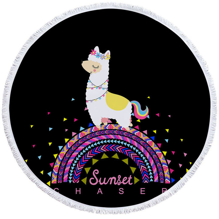 Llama Round Beach Towel Walking on Colorful Multi Pattern Rainbow