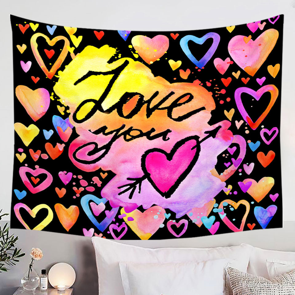 Love You Colorful Hearts Wall Decor Tapestry