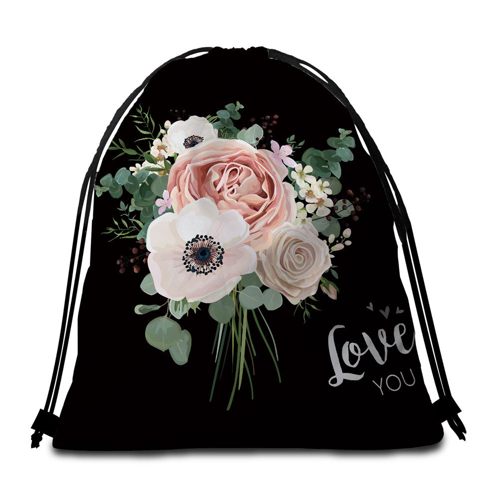 Love You White Flowers Bouquet Romantic Beach Towels and Bags Set