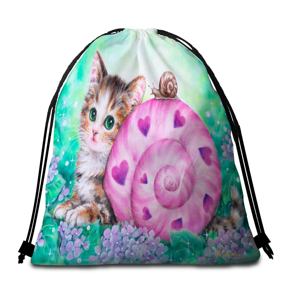 Lovely Art Drawings Kitten and Snail Beach Towel Bags