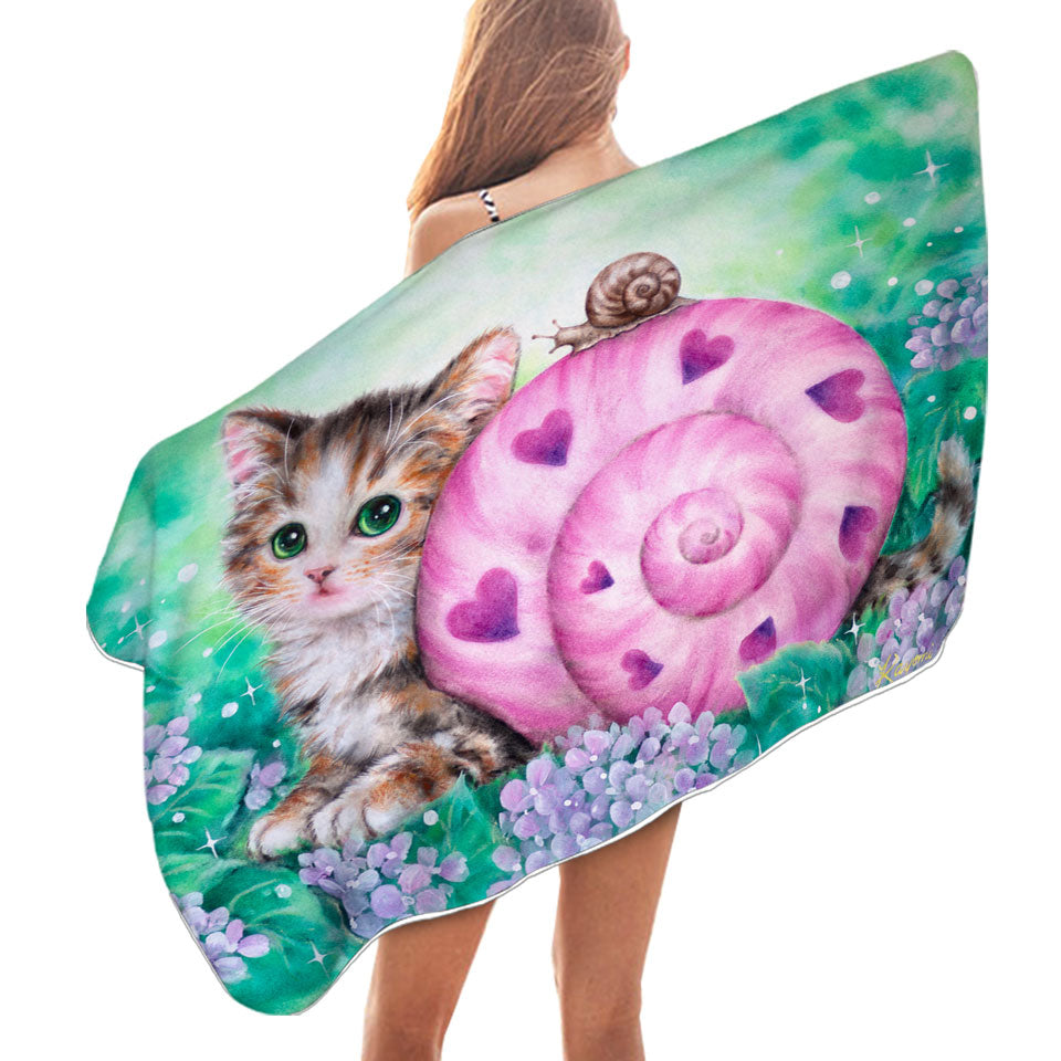 Lovely Art Drawings Kitten and Snail Beach Towels