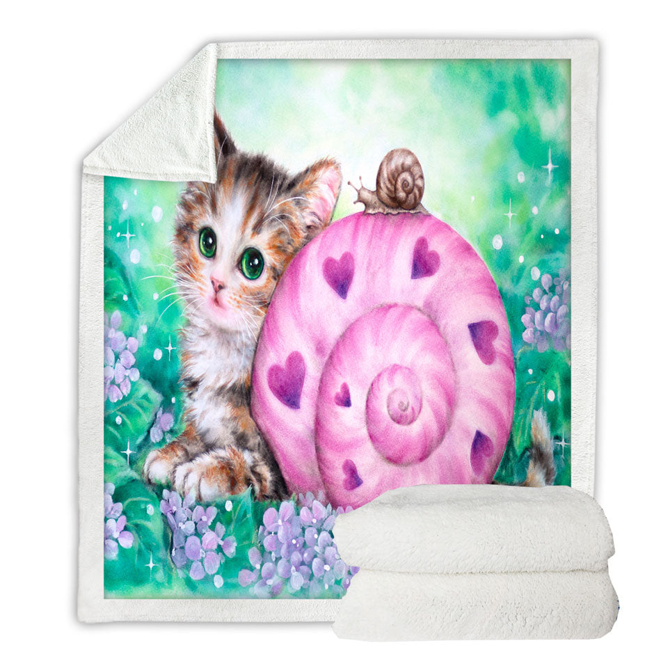 Lovely Art Drawings Kitten and Snail Fleece Blankets