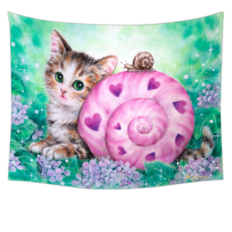 Lovely Art Drawings Kitten and Snail Tapestry